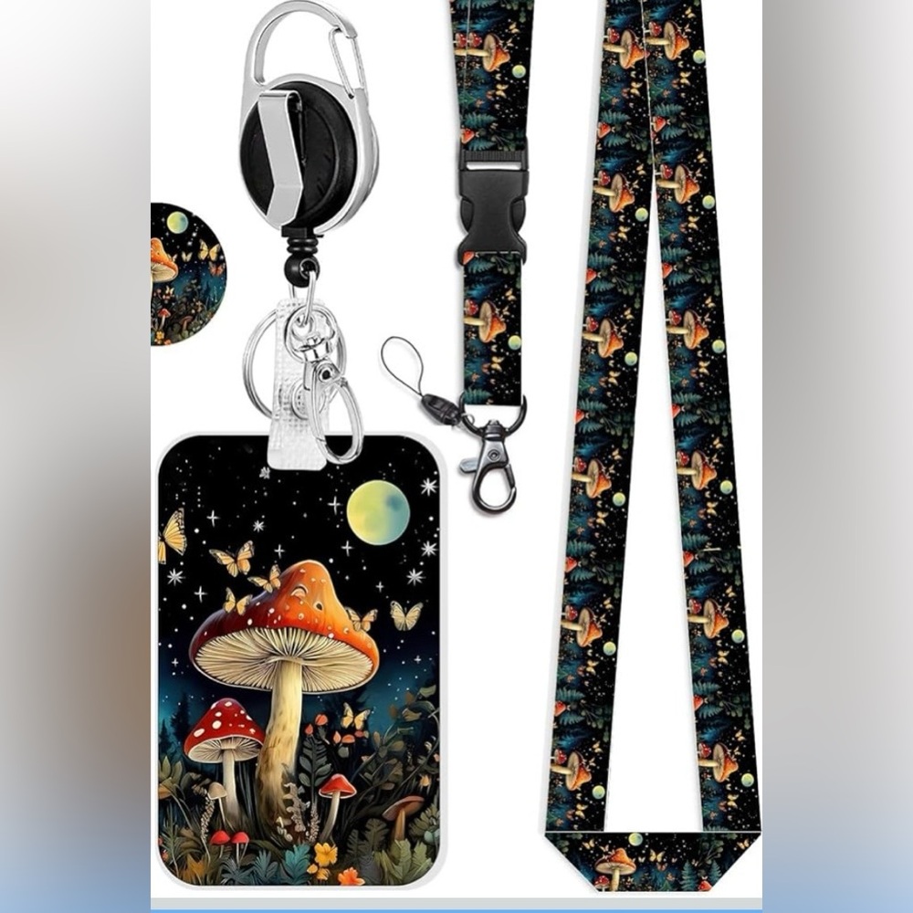 Mushroom Lanyard for ID Badge with Retractable Wheel Clip Breakaway - Picture 1 of 9
